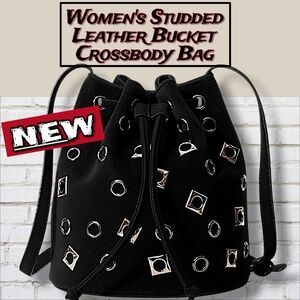 NWT Ladies Silver Studded Black Leather Mini Crossbody Bucket Bag